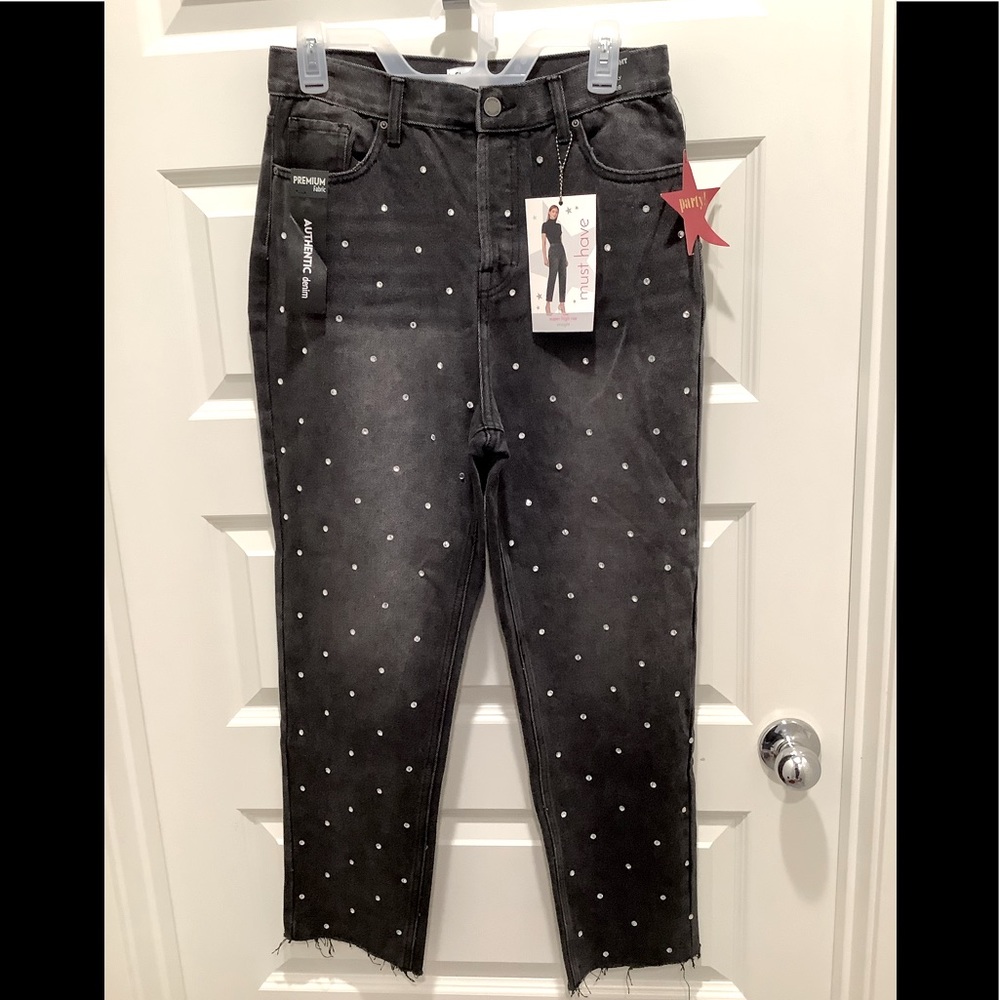 Juniors Straight Super High Rise Buttonfly Jeans With Rhinestones, Size 7
